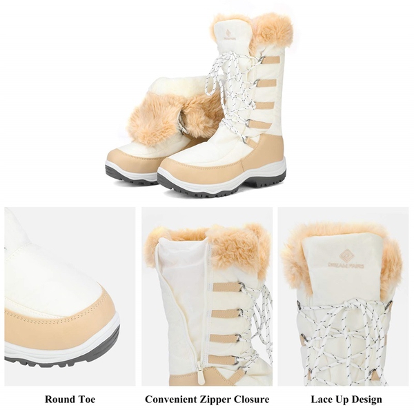 Mid Calf Lace Up Winter Boots - BEIGE WHITE - 3